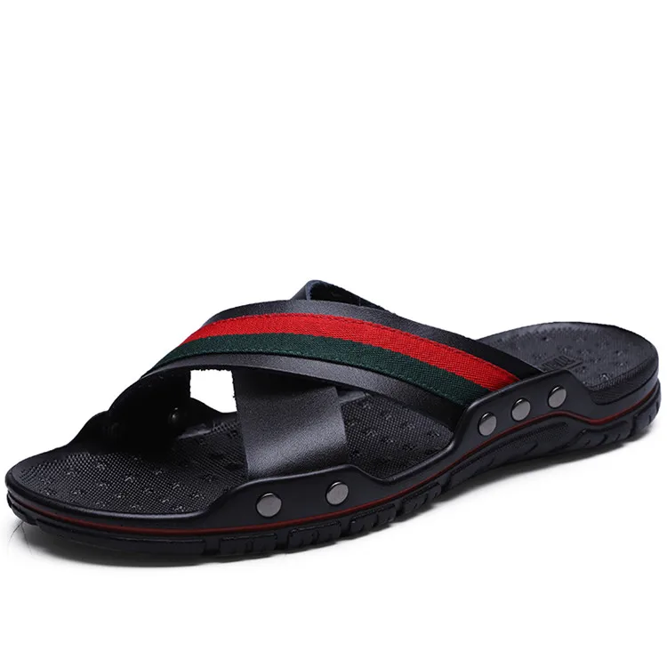 

New design slipper flip flop for men sandals cow leather upper rubber slippers high quality loafer Fashion casual shoes, Blue,black.white
