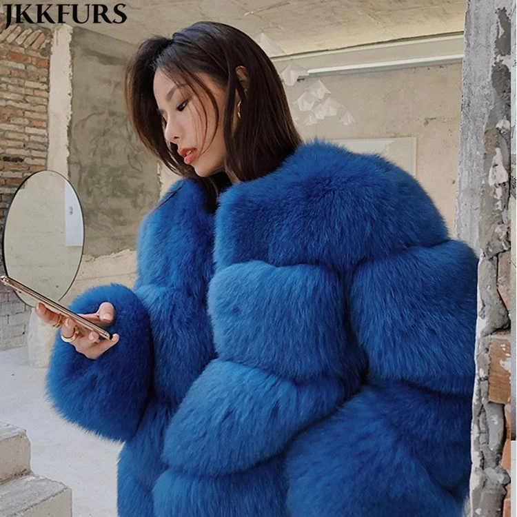 

Jancoco Winter Thick Warm Genuine Finland Crop Jacket Real Fox Cropped Blue Fur Coat Women, Customized color