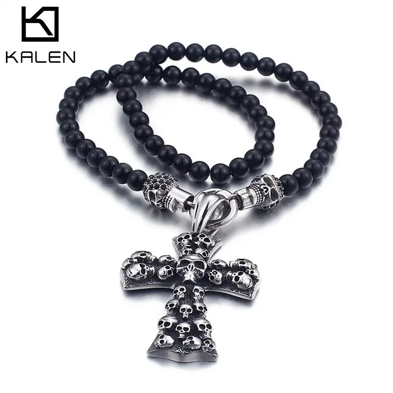 KALEN African Glass Beads Chain Necklace With Skull & Cross Pendant