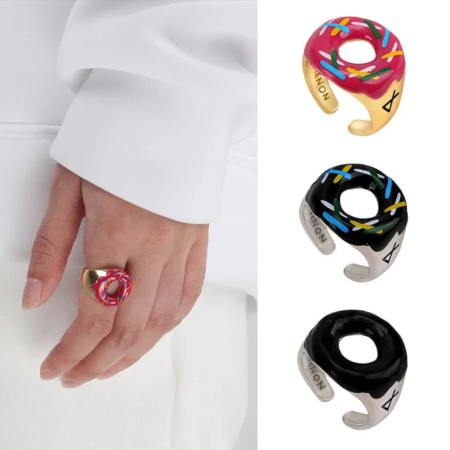 

Ins Hot 2020 Newe Creative Design 3 Colors Enamel Oil Drop Multicolor Doughnut Ring, Silver/gold