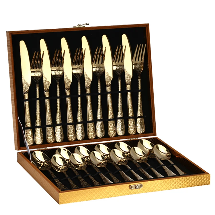 

2023 New Arrivals 16/24PCS Flower Cutlery Set Stainless Steel Flatware Sets Wooden Box