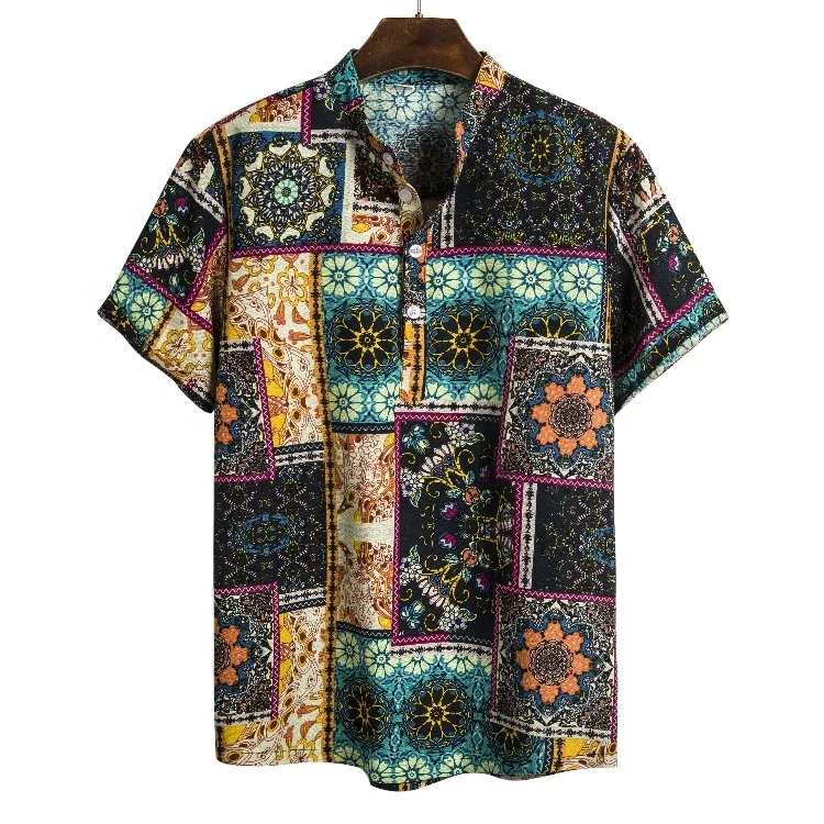 

Hot Sale High Quality Cotton Linen African Dashiki Shirt For Men Casual Man Short Sleeve Print Shirt