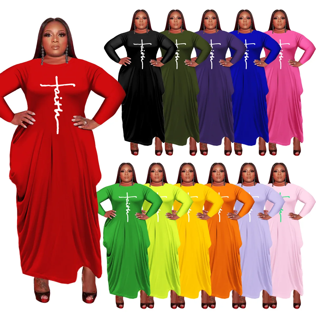 

Top Ranking Suppliers New Women Plus Size Sexy O Neck Long Sleeve Fashion Maxi Dresses, As pictures