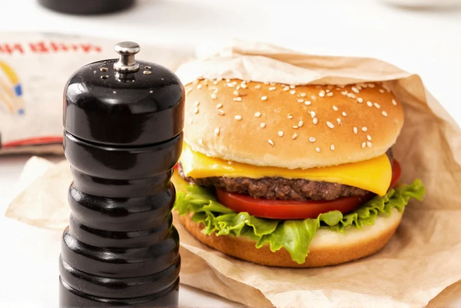 Black pepper shaker next to Burger King wrapper with Whopper visible