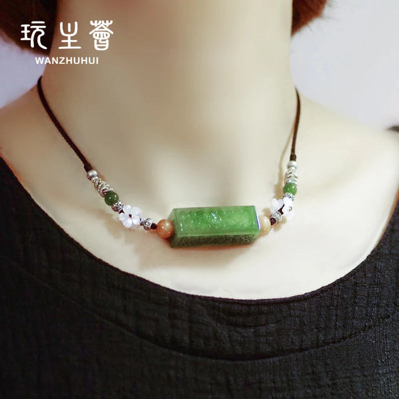 

Hot selling beautiful DIY square Jasper Red Jade Flower signature Necklace for women