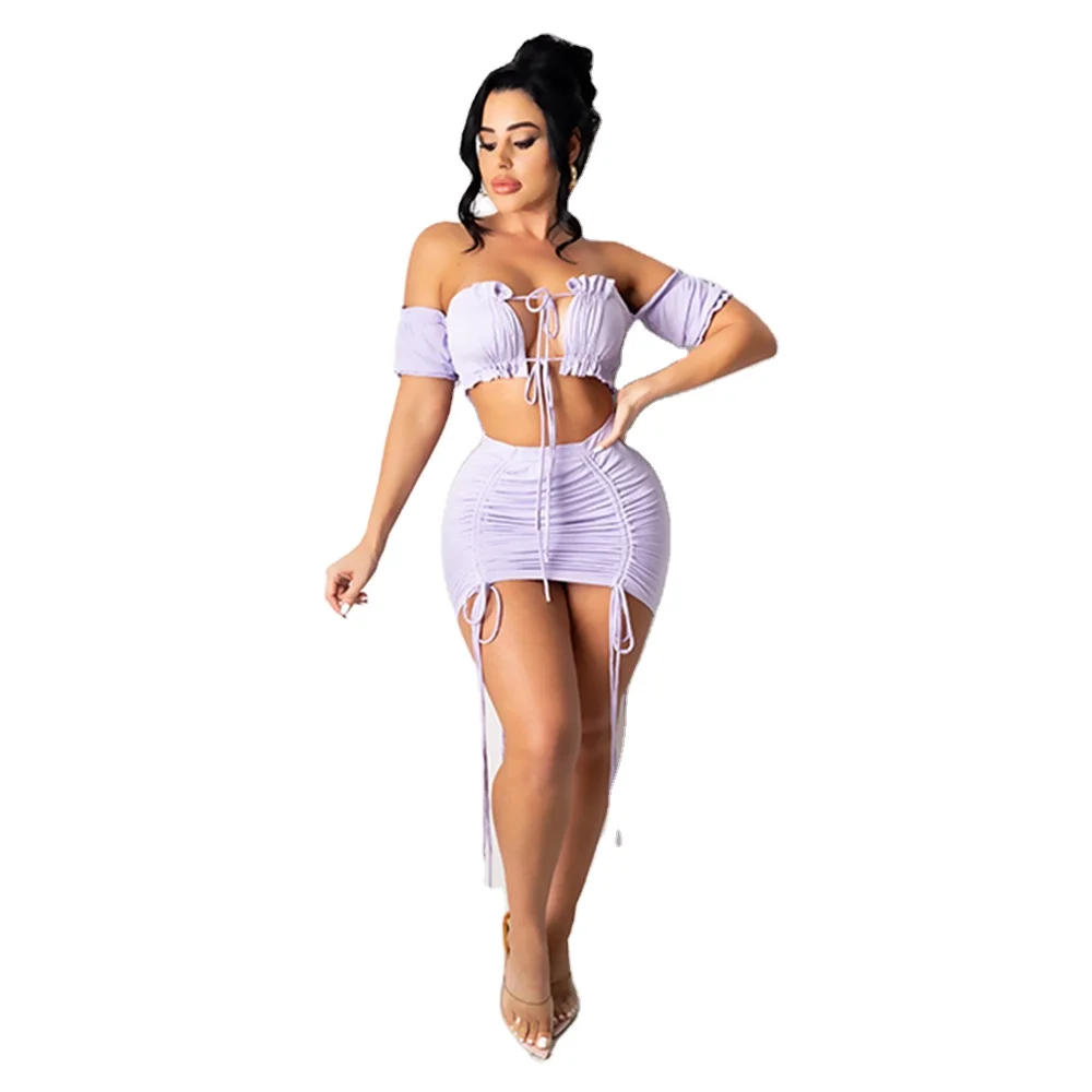 

201 new fashion Wholesale Drawstring Cheap Sexy 2 Pieces Sets Club Top Skirts new arrival summer dress
