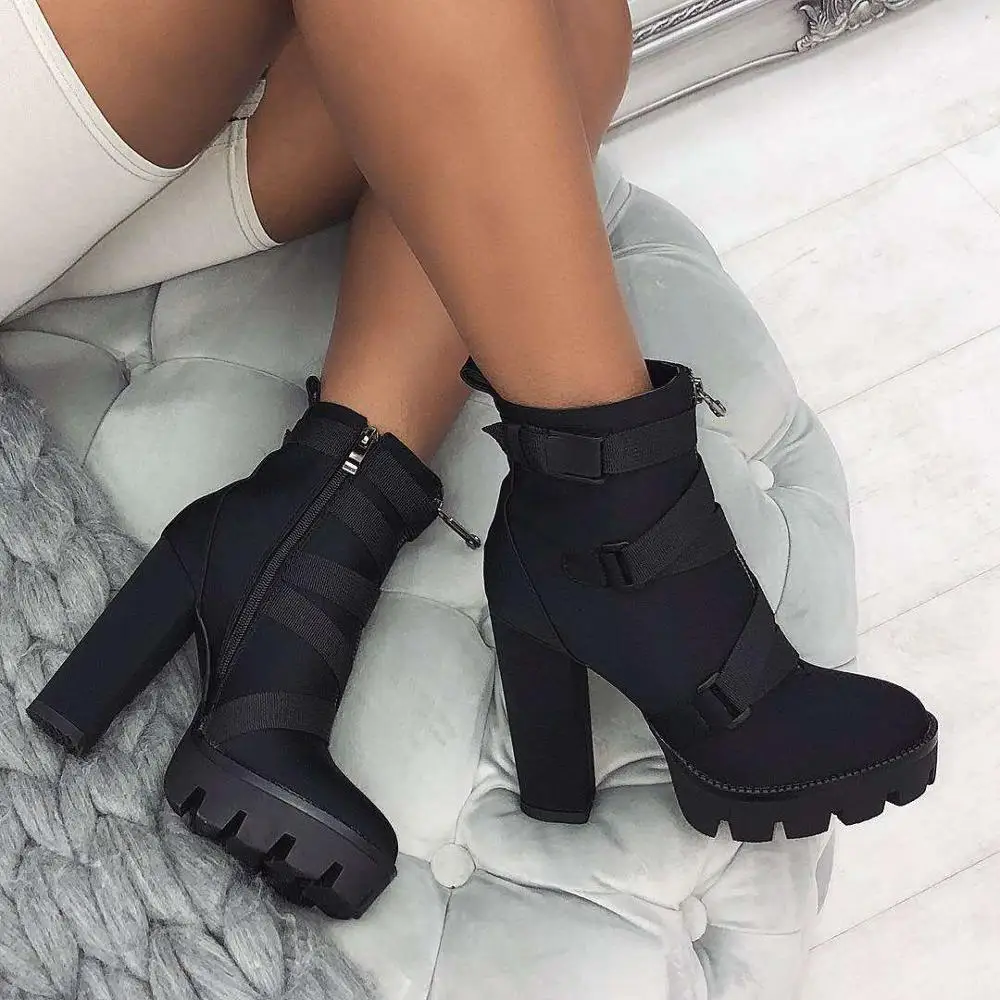 

High quality new design thick high heel ladies Black Buckle Platform Ankle Boots