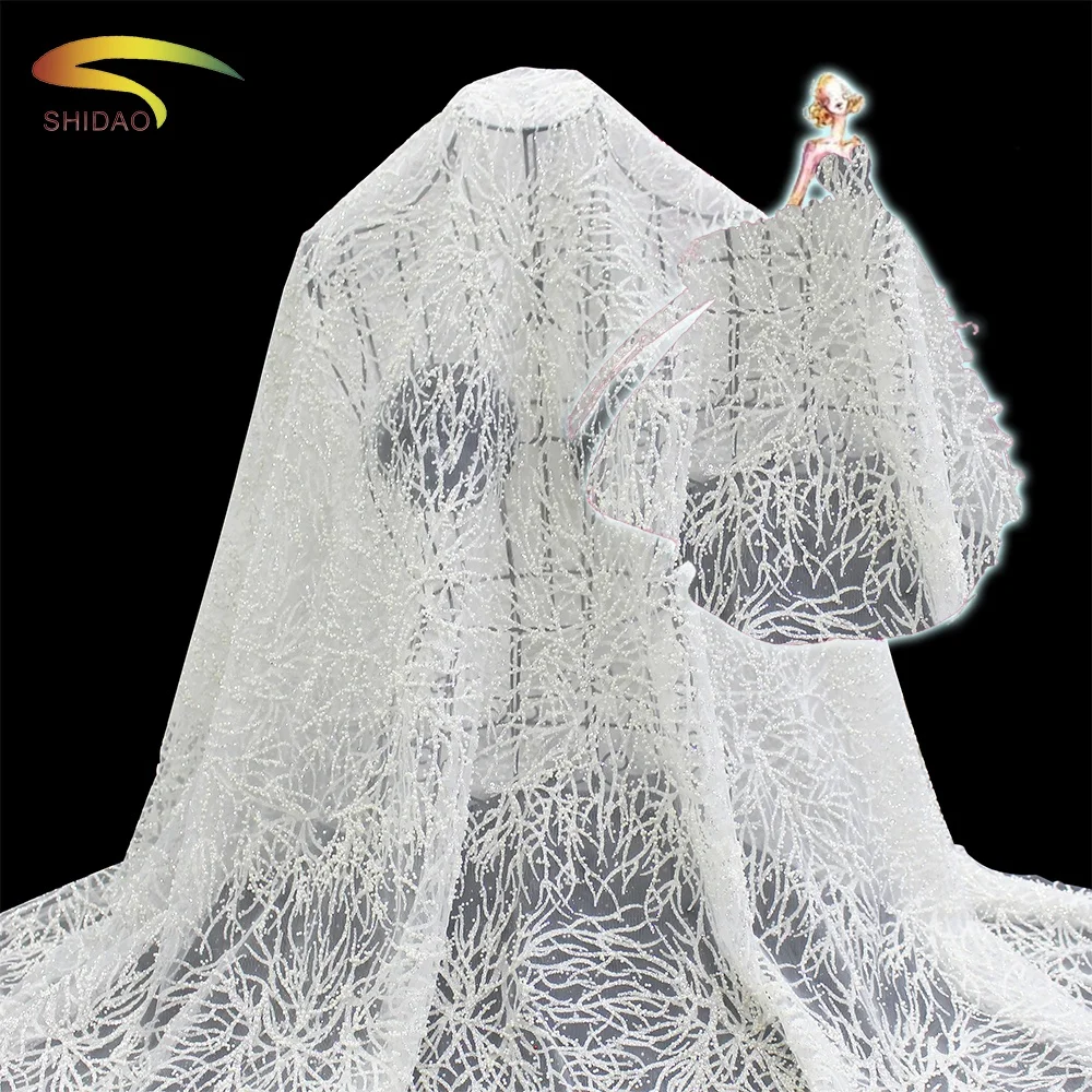 

Luxury embroidery bridal handmade heavy beaded wedding dress lace fabric