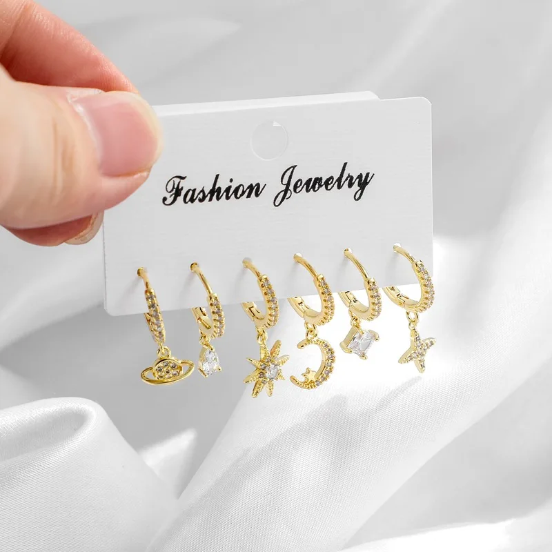 

Fashion Geometric Stone Starmoon Zircon Brass Earrings Set 6 Piece Earbuckle Set Earrings Wholesale Manufacturers, As pic shown