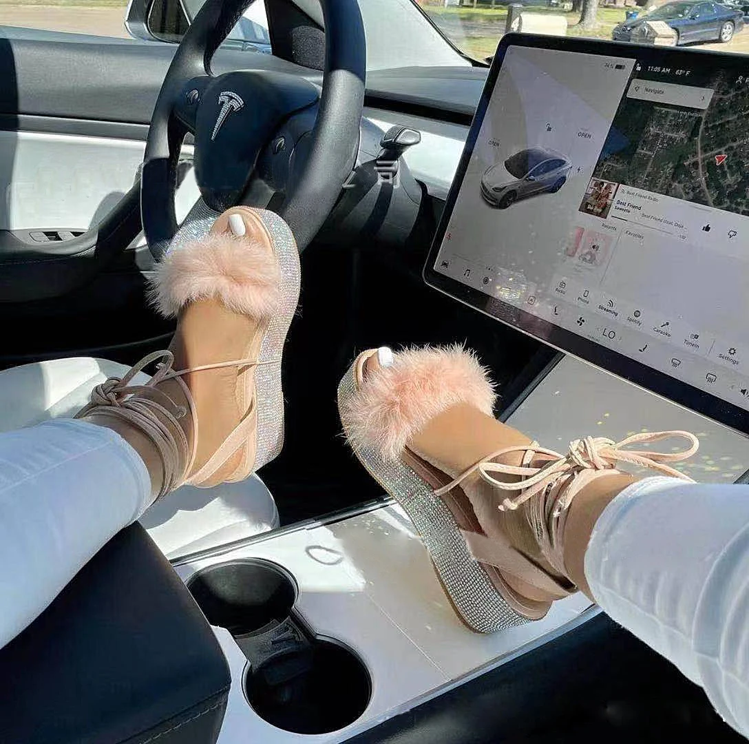 

Rhinestone fur sandals shoes womens strappy sandals, As shown as picture