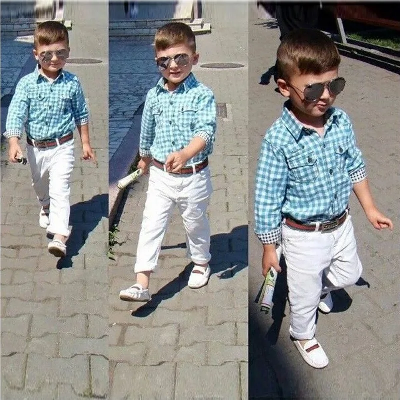 

autumn plaid shirt solid pant child baby boy boutique clothing set, Picture