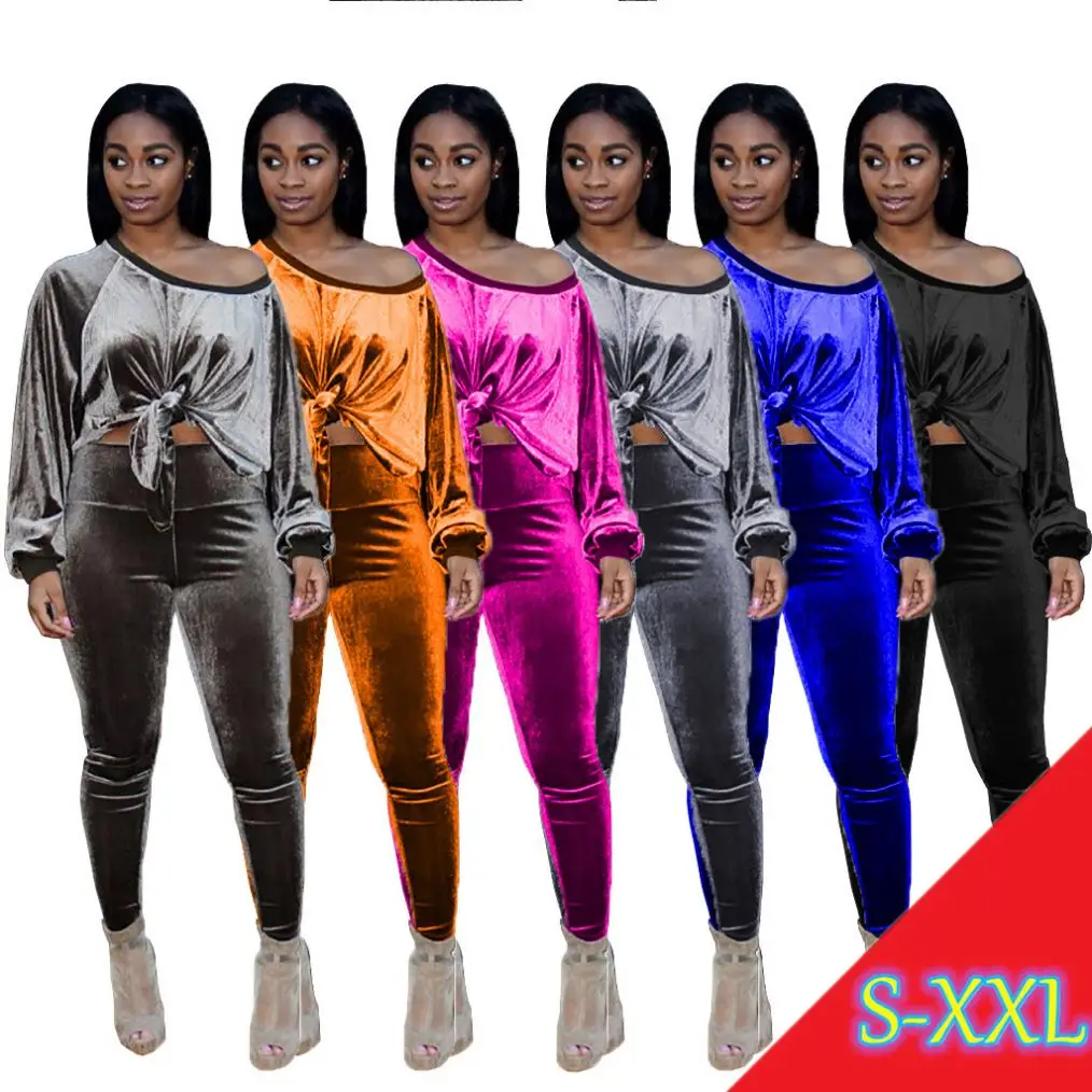 

MISS Q M2123 Women fall clothes off shoulder two piece set velour tracksuit women crop top 2 piece set joggers suits set