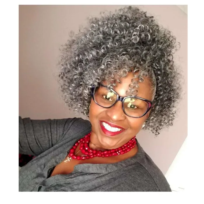 

Short Pretty Drawstring Ponytail Human Hair Silver grey ponytail Gray Curly Afro Puff Ponytail Clip In Silver Grey 10inches