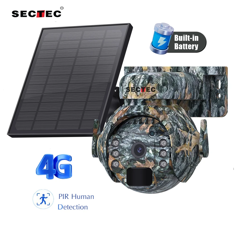 2024 Sectec Outdoor Camouflage Shoot Hunting Network Camera Hunter Trail 3MP 4G Solar Battery PTZ Mini Camera
