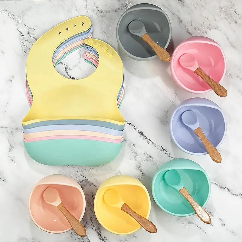 

3 Pcs Baby Infant Feeding Non Spill Suction Silicone Easily Clean Waterproof Baby Bowl Spoon And Bib Set, Colors