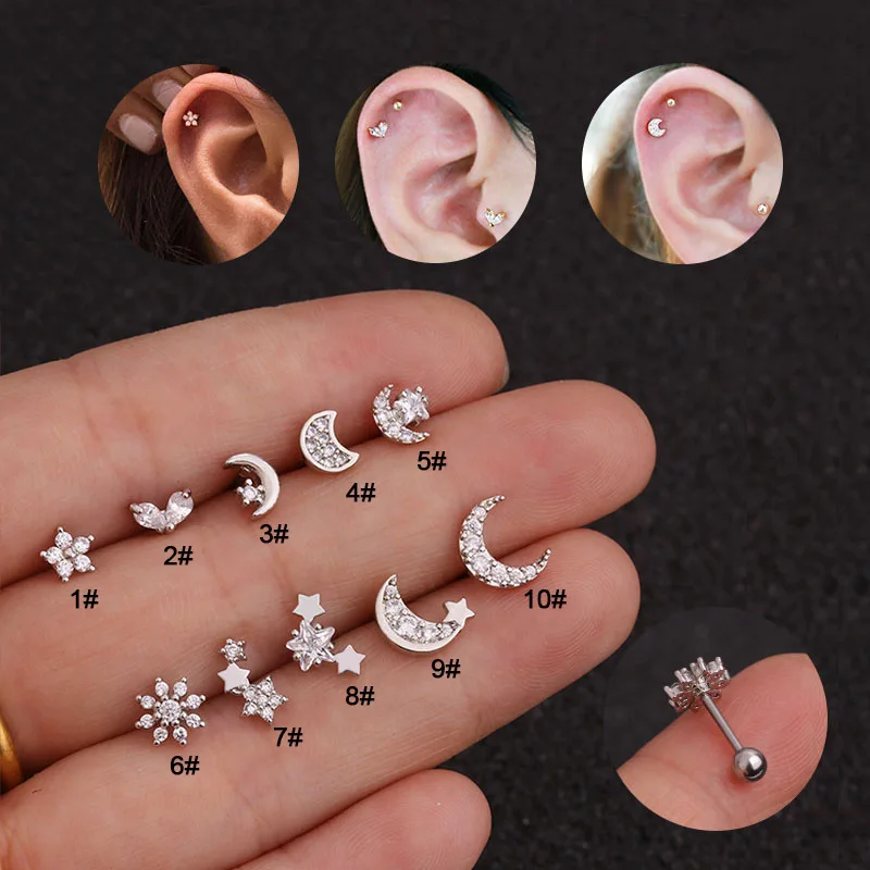 

POENNIS Surgical Steel Ear Studs Small Ball Screws Small Earrings 9 Heart Flower Ear Bone Cartilage Piercing Body Jewelry, Silver