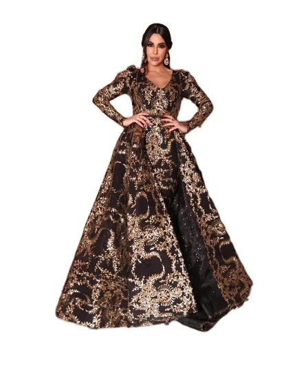 

Gold blocking Print V neck Long Sleeve Plus Size Ball Gown Dress For Women, Picture