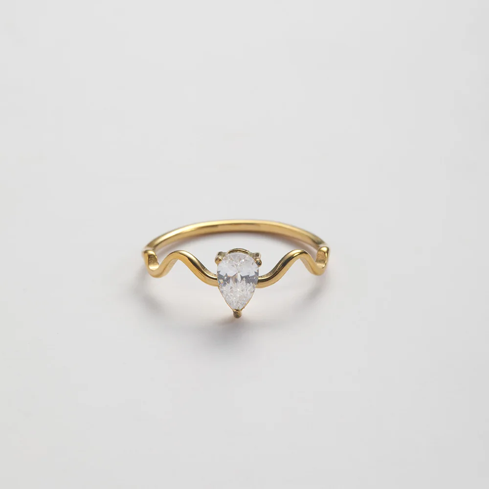 Fashion Stainless Steel Ripple Design Waterproof Jewelry Tarnish Free 18k Plated Water Drop Zircon Fine Ring Women YF3817