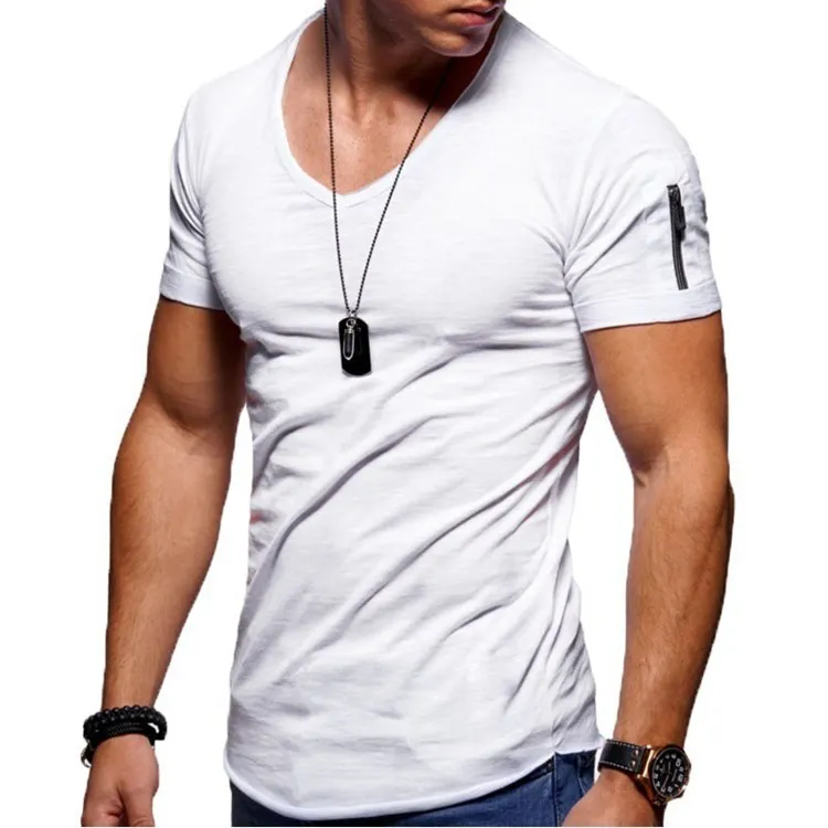 

V-neck solid color plus size men's short-sleeved custom tall t-shirt funny