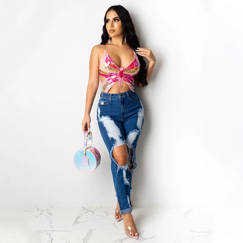 

2020 Fashion V neck backless sexy slip top bandage sequin butterfly crop top, 3colors as picture