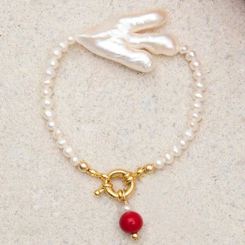 Natural Pearl Red Coral Bead Pendant Bracelet Women Fashion Exaggerated Unique Shaped Pearl Pulceras Jewelry Couple Bangle