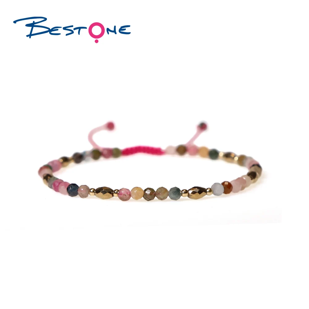 

BESTONE Natural Garnet Faceted Ball Bead Drawstring Bracelet Natural Tourmaline Rose Quartz Amethyst