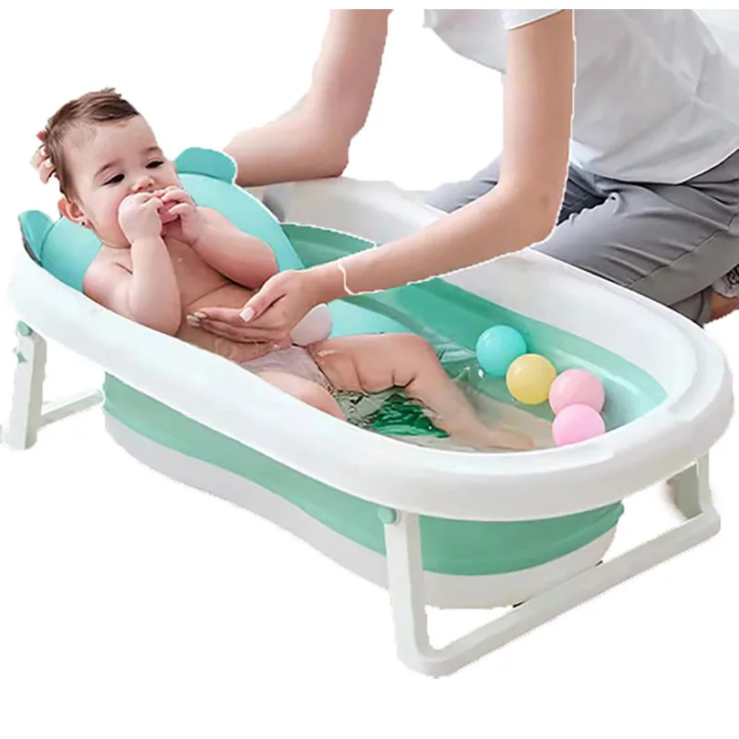 

Wholesale Portable Plastic Easy Storage Kids Silicon Folding Bath tub Set And Pad Pink Blue SPA Children temp Bathtub For Baby