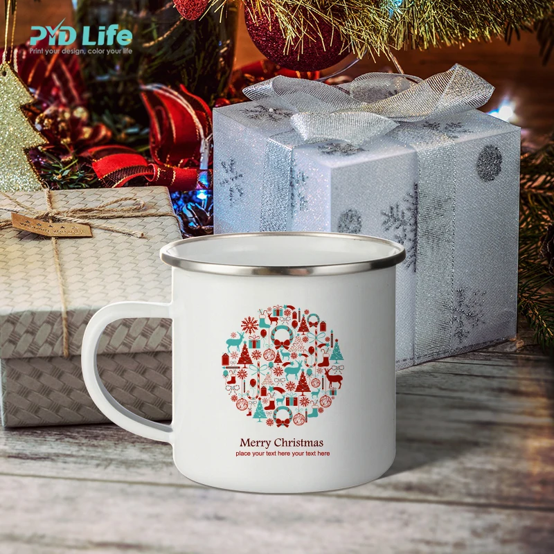 

PYD Life Hot Sale 12 OZ Metal Steel Christmas Coffee Enamel Mug Custom Sublimation Enamel Camping Mug, 10 colors