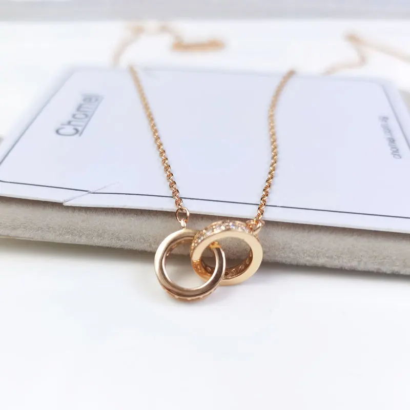 

New boutique Double Circle Necklace with zircon inlaid in copper, fashionable and versatile, classic clavicle chain accessories, Color