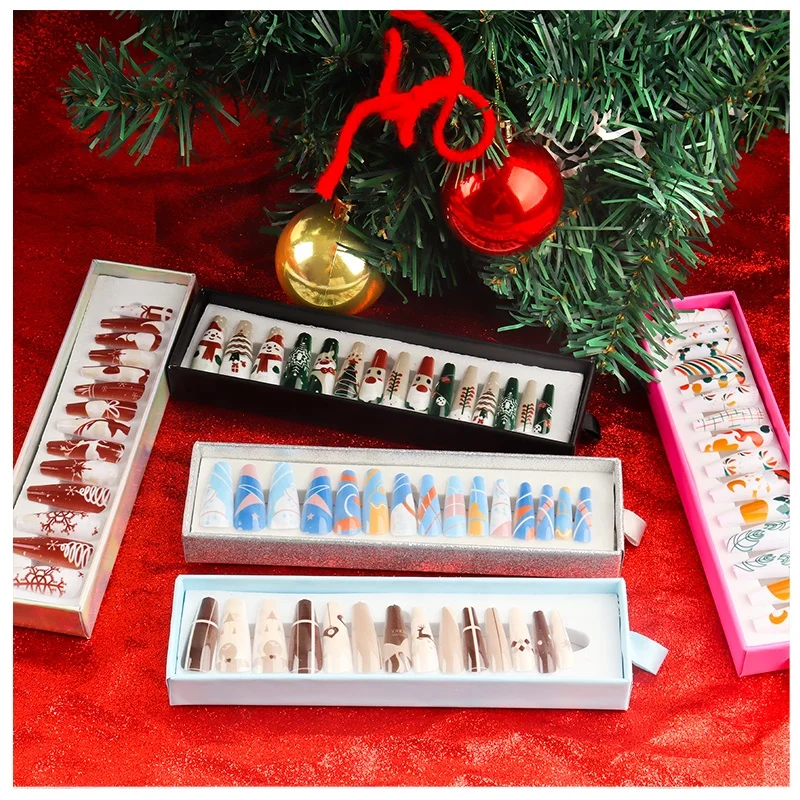 

packaging box press on nails free glue private label Christmas styles press on nails vendor, Multi color