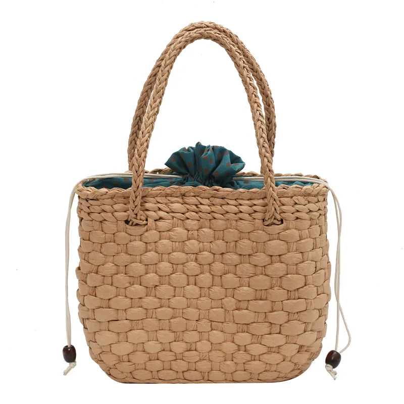 

New Summer straw rattan drawstring beach handbag for women, Natural