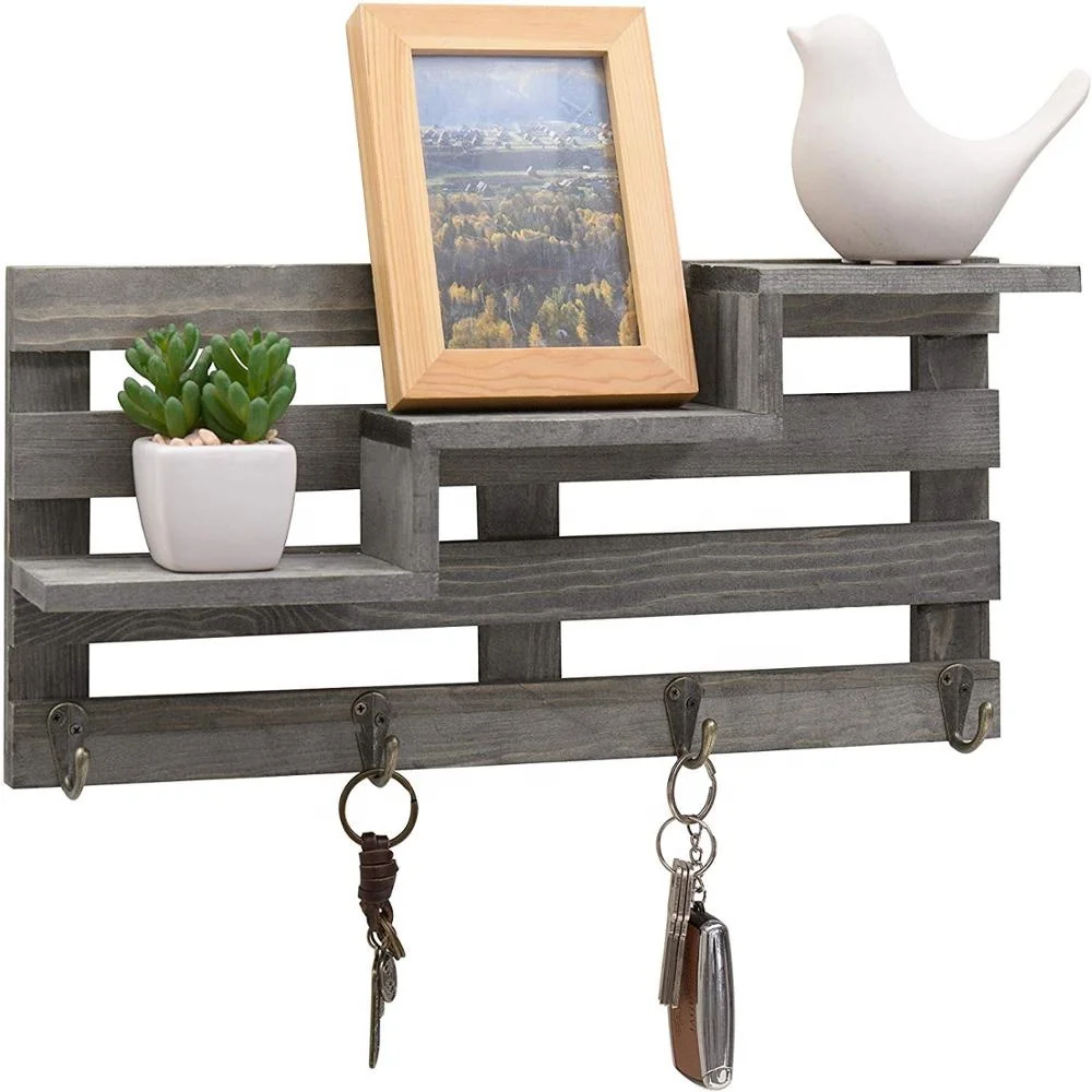 

Rustic Vintage Gray Wood Wall-Mounted 3-Tiered Stair Display Shelf with 4 Key Hooks