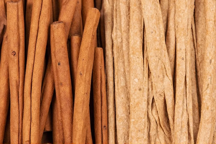 Side-by-side comparison of Ceylon cinnamon quills versus Cassia cinnamon bark showing the distinctive layered structure of Cassia and delicate rolled layers of Ceylon