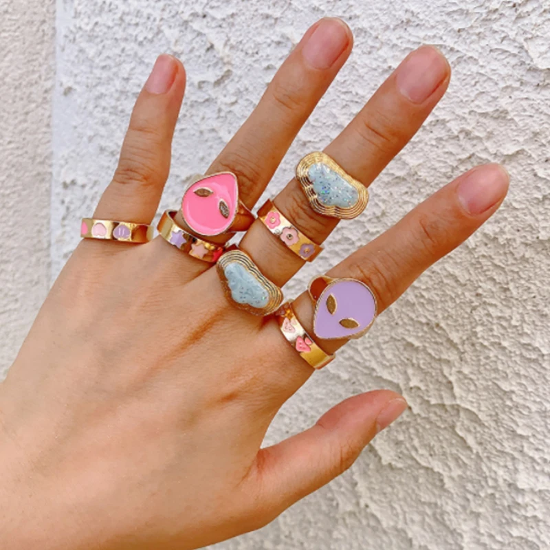 

Dvacaman 2021 Fashion Jewelry 15 Designs Drop Oil Ring Handmade Colorful Star Glaze Gold Plated Heart Enamel Open Ring For Women