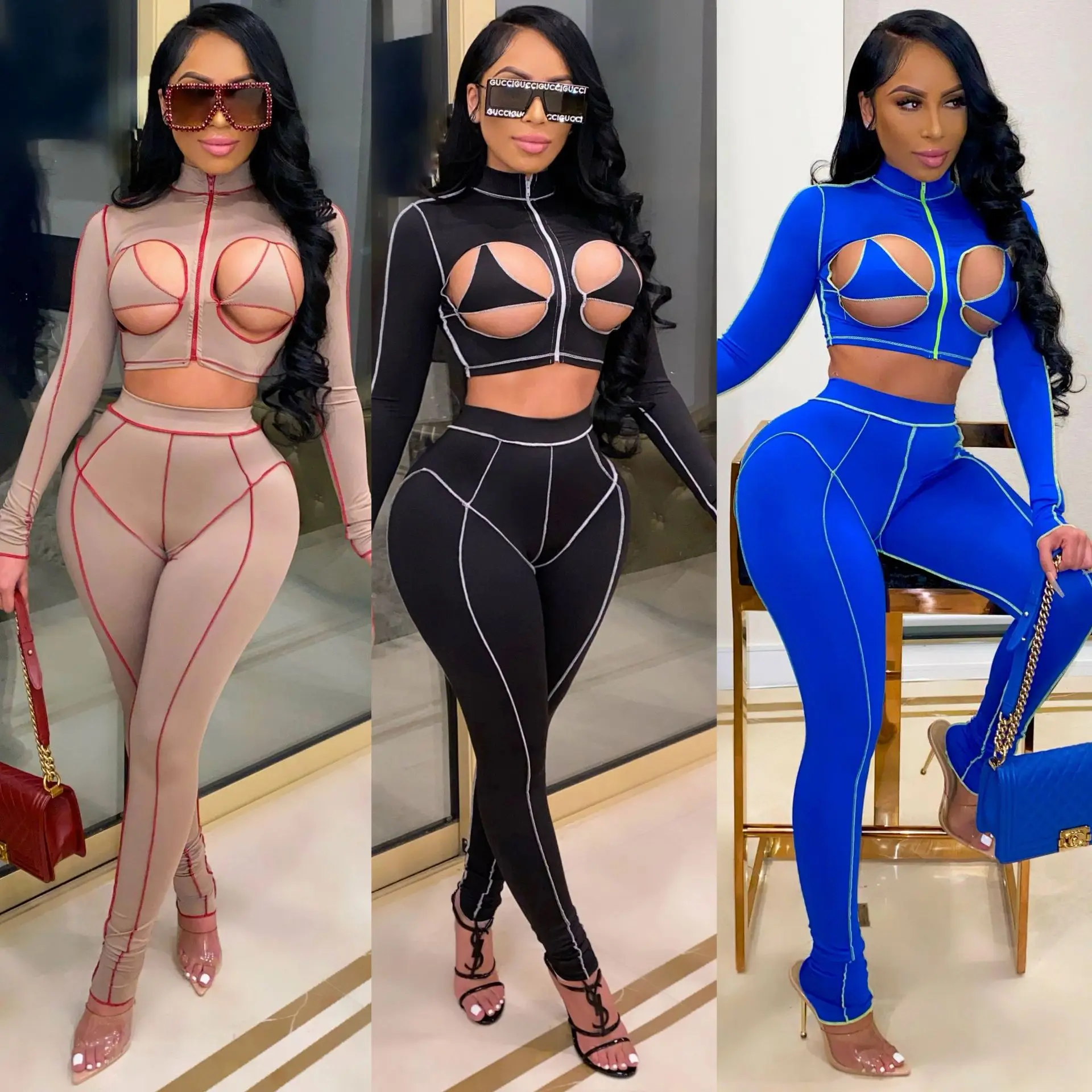 

New Design Sexy Two Piece Set Women Clothing 2022 Stretchy Hollow Crop Top and High Waist Pants Boutique Outfits Lucky Label