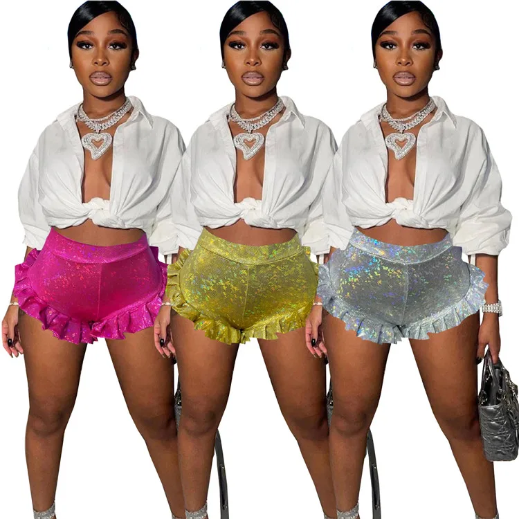 

New Ruffles Shorts High Waist Booty Women 2021 Sexy V-shaped Y2K Laser Glass Floral Mini Shorts Bodycon Streetwear Outfits, As picture