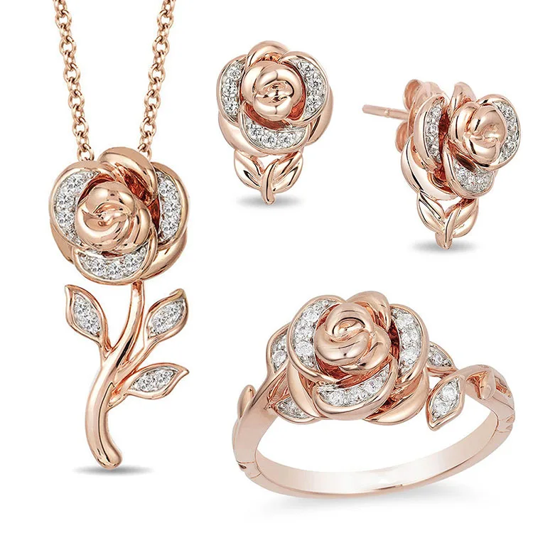 

Crystal Rose Flower Jewelry Sets For Women Antique Rose gold Color Pendant Necklace Earrings Bracelet Ring Set, Rosegold,gold,silver