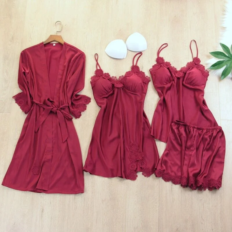 

2021 wholesale women's pajama silk satin four-piece pajama short suit ladies sexy underwear silk pajama set women, As picture shown