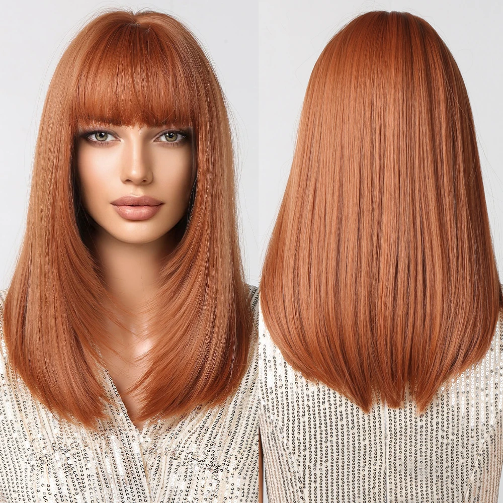 Wholesale Orange Bob Hair Wig Middle Length Copper Ginger Wigs for Women Synthetic Straight Wig with Bangs Heat Resistant