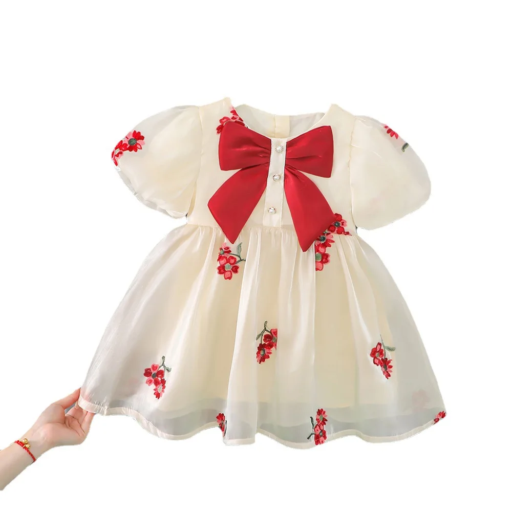 

Embroidery little girl's wedding dress kids princess dress with bow fluffy mesh birthday party dresses