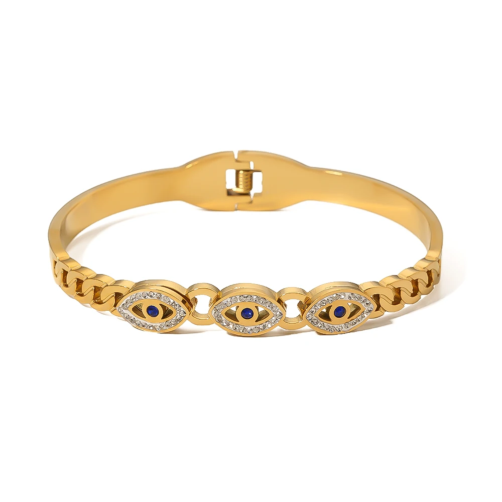 

Turkish Stainless Steel 18k CZ Devil Eyes Blue Fully Inlaid Cubic Zircon Twisted Gold Diamond Bangle Bracelets For Women