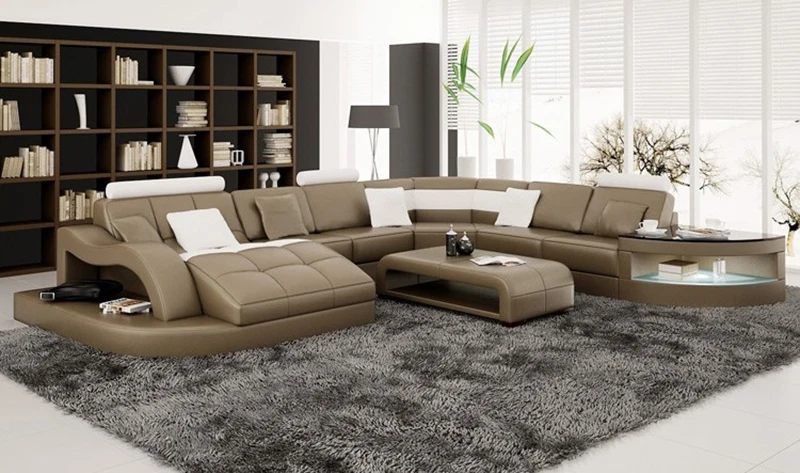 Canapé en cuir en forme de u blanc, mobilier de salon, design moderne, meilleure vente, avec lumière led,