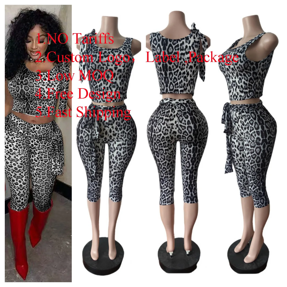 Leopard Print Cropped Top & Knee Length Skinny Trousers Set