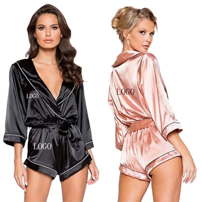 

2021 new women leisure home set EDOSIR designer silk pajamas Womens satin Solid V Neck Long Sleeve PJ Set Nightwear Romper