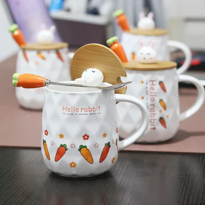 

400ml Hot style cartoon radish rabbit wood cover ceramic cup lovely radish spoon water cup, As the picture show