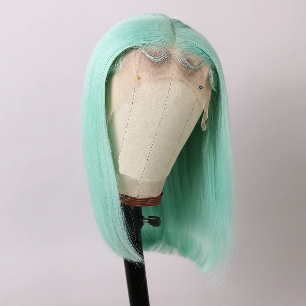 

Tender Green Bob Wig Lace Front Human Hair Wig Brazilian Virgin Short Straight Hair Colorful Lace Wig with Baby Hair for Woman