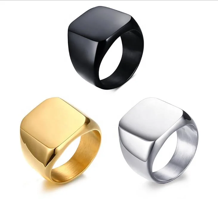 

Wholesale Custom Engrave Logo Signet Male Blank Gold Silver Black Gold Plated Stainless Steel square ring for men