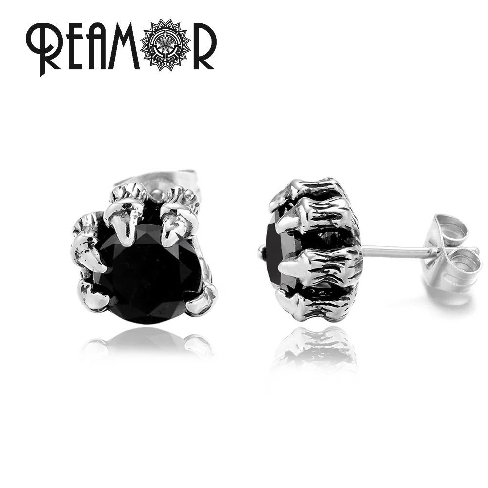 

REAMOR Stainless Steel Dragon Claw Zircon Black Heart Stud Earrings Vintage Punk Evil Good Jewelry for Men Women Accessories, Silver color