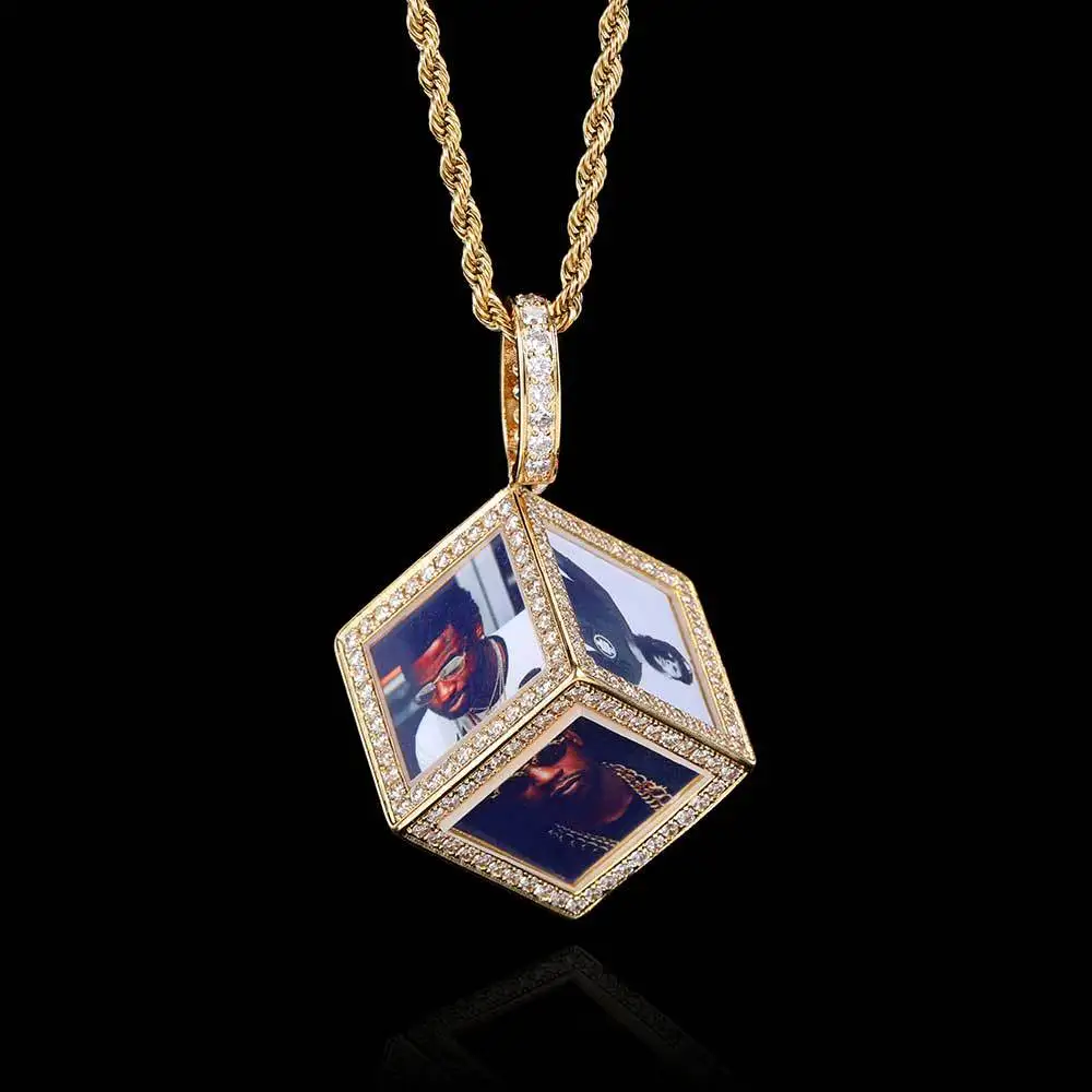 

Hip hop silver gold plated diy photo memory necklace locket charm crystal Zircon cube pendant picture necklaces for pictures
