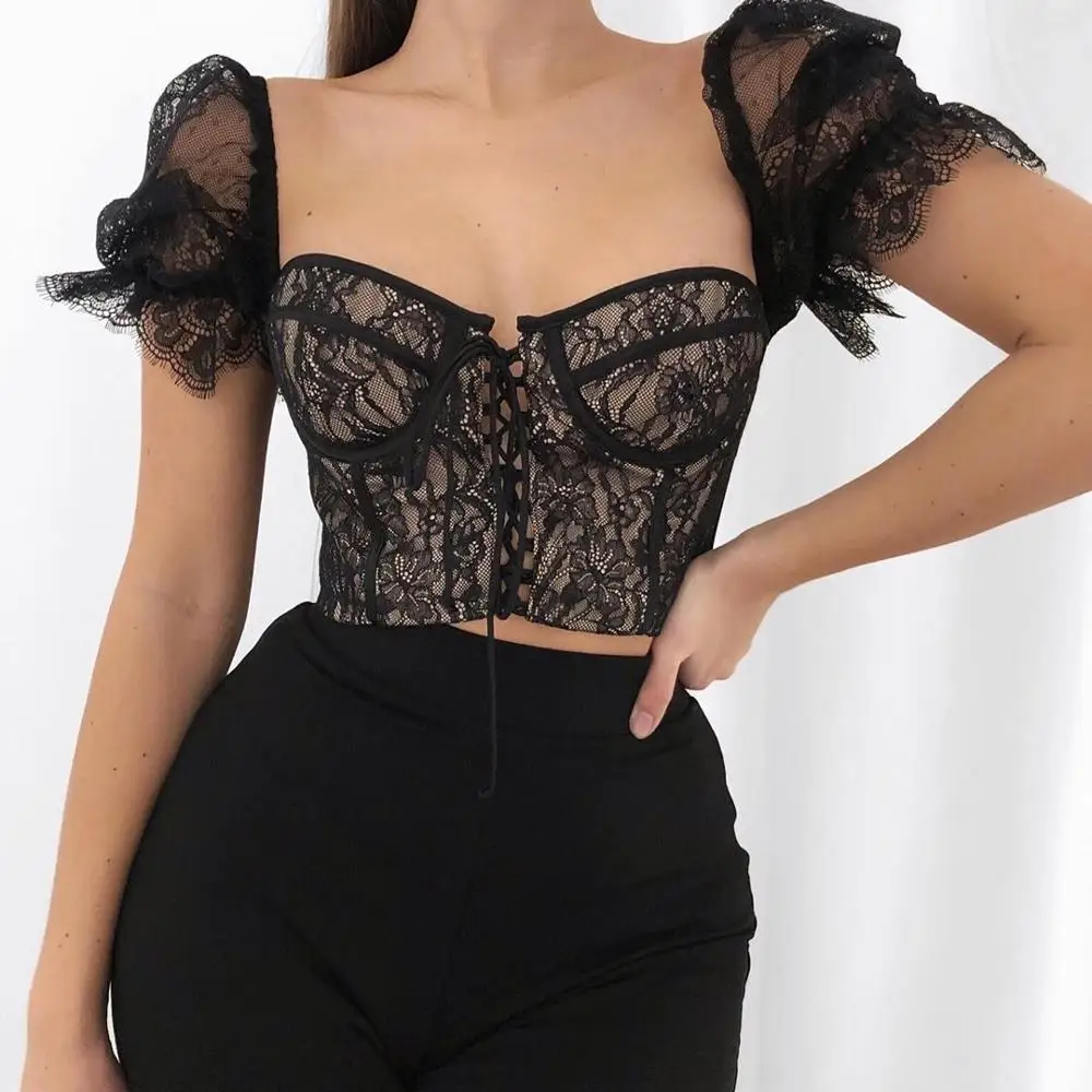 

Spring 2021 Fashion Sexy Lace Crop Tank Tops Bubble Sleeves Women Sexy Tops, Black